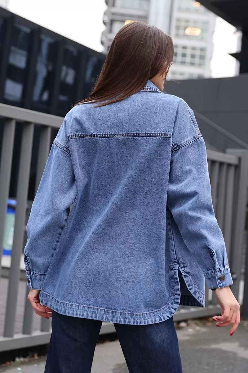 Kadın Gömlek Yaka Çift Cepli Oversize Pamuklu Koyu Mavi Ceket
