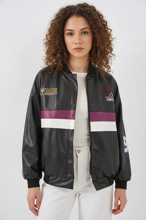 0698 Baskılı Suni Deri Bomber Ceket - Bordo
