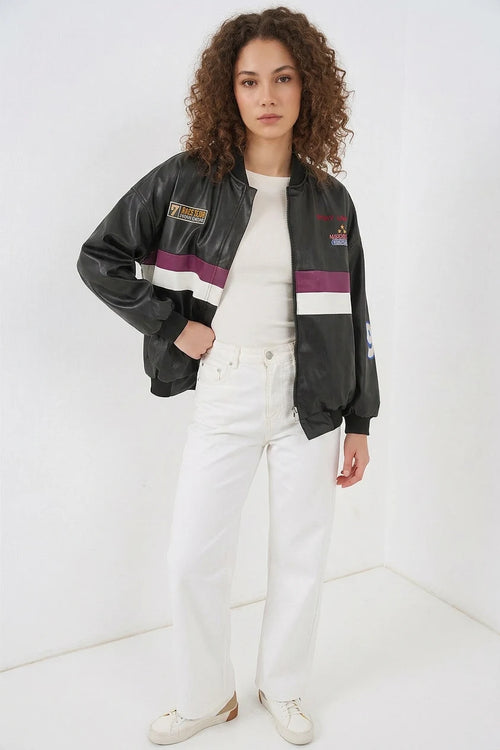 0698 Baskılı Suni Deri Bomber Ceket - Bordo
