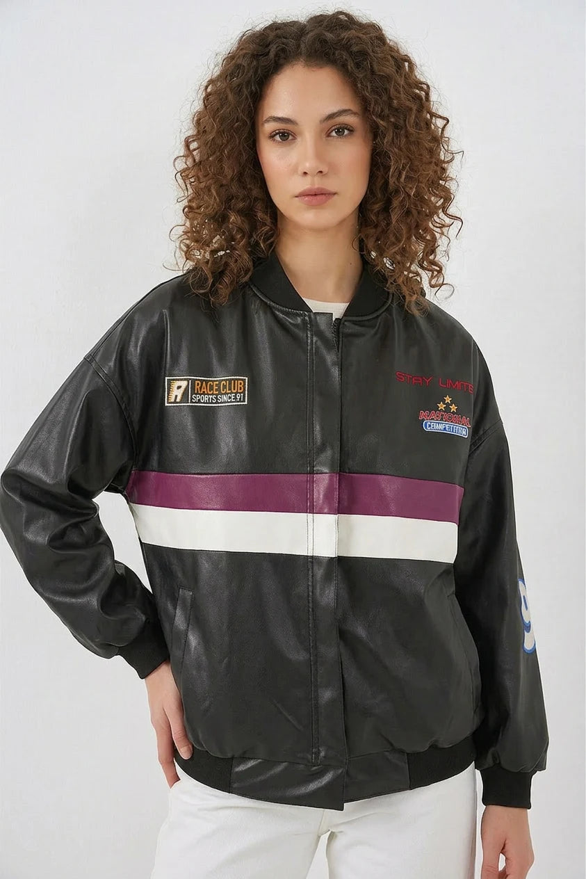 0698 Baskılı Suni Deri Bomber Ceket - Bordo