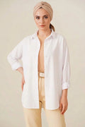 Kadın Oversize Basic Pamuklu Beyaz Tesettür Gömlek