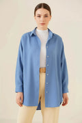 Kadın Oversize Basic Pamuklu İndigo Tesettür Gömlek