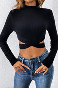Kadın Siyah Çapraz Bel Detaylı Dik Yaka Uzun Kol Crop Top Bluz