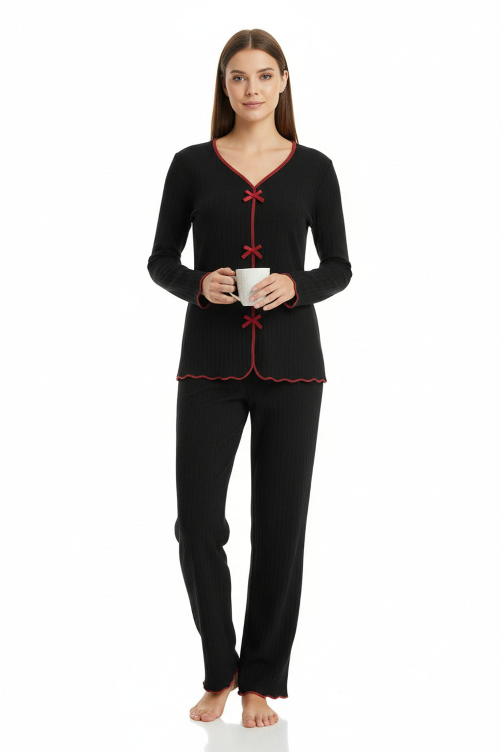 Premium Kadın 4’lü Fitilli Set – Siyah Kırmızı Biyeli (Pijama Üst, Pantolon, Bikini Takımı)
