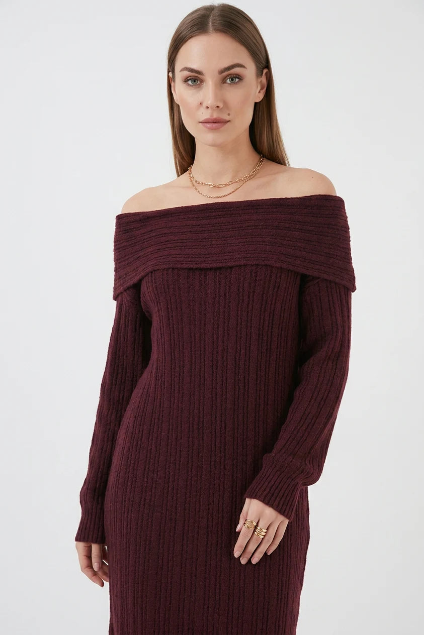 Kadın Madonna Yaka Oversize Triko Bordo Elbise