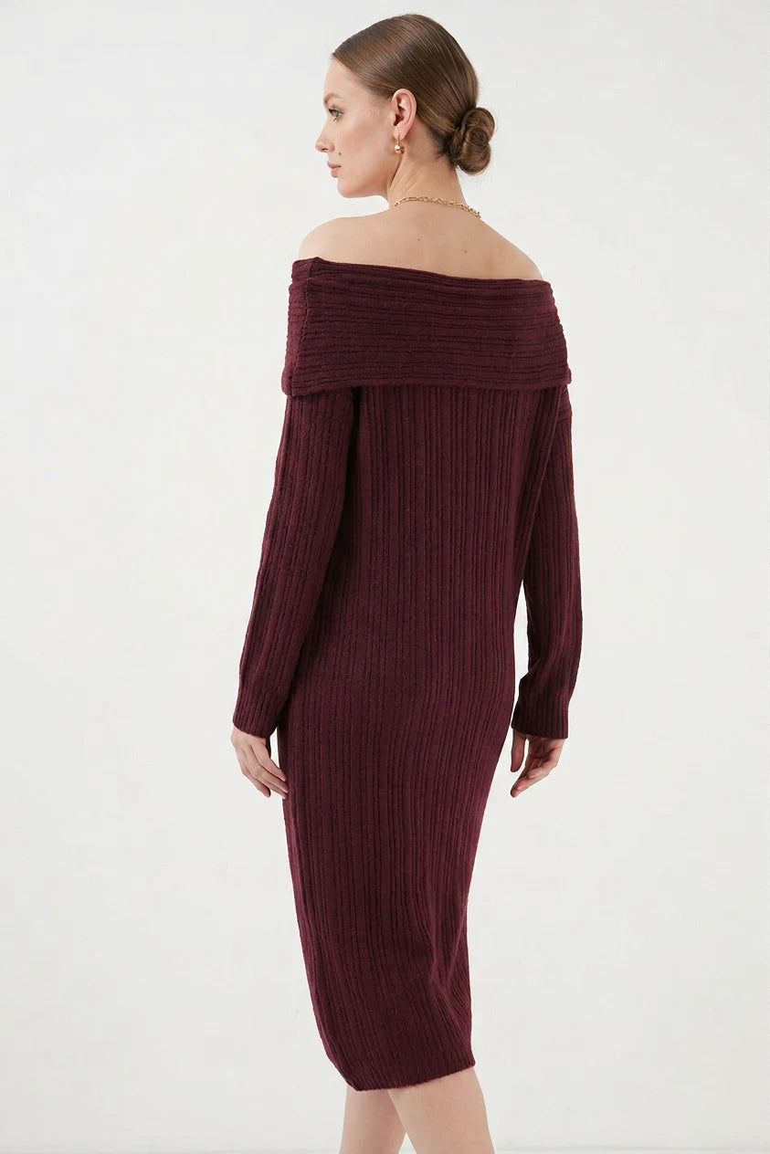 Kadın Madonna Yaka Oversize Triko Bordo Elbise