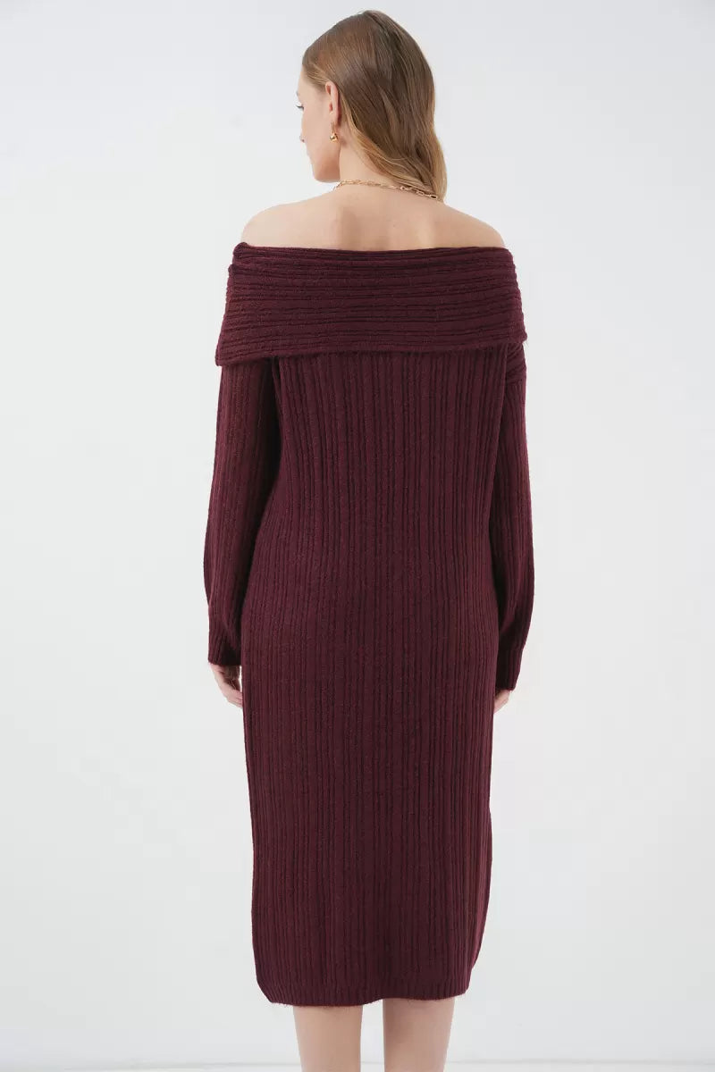 Kadın Madonna Yaka Oversize Triko Bordo Elbise