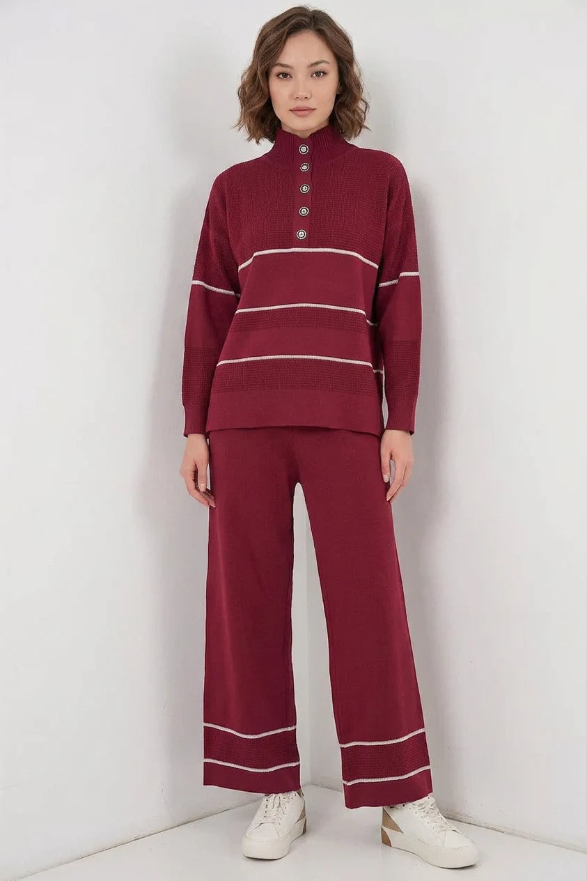 Kadın Yüksek Yaka Oversize Çizgili Triko Bordo İkili Takım
