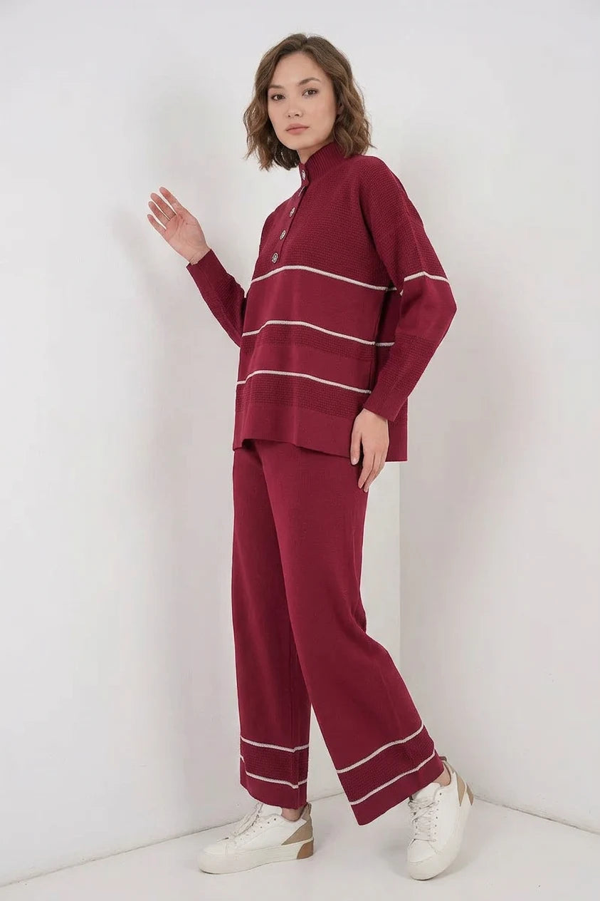 Kadın Yüksek Yaka Oversize Çizgili Triko Bordo İkili Takım