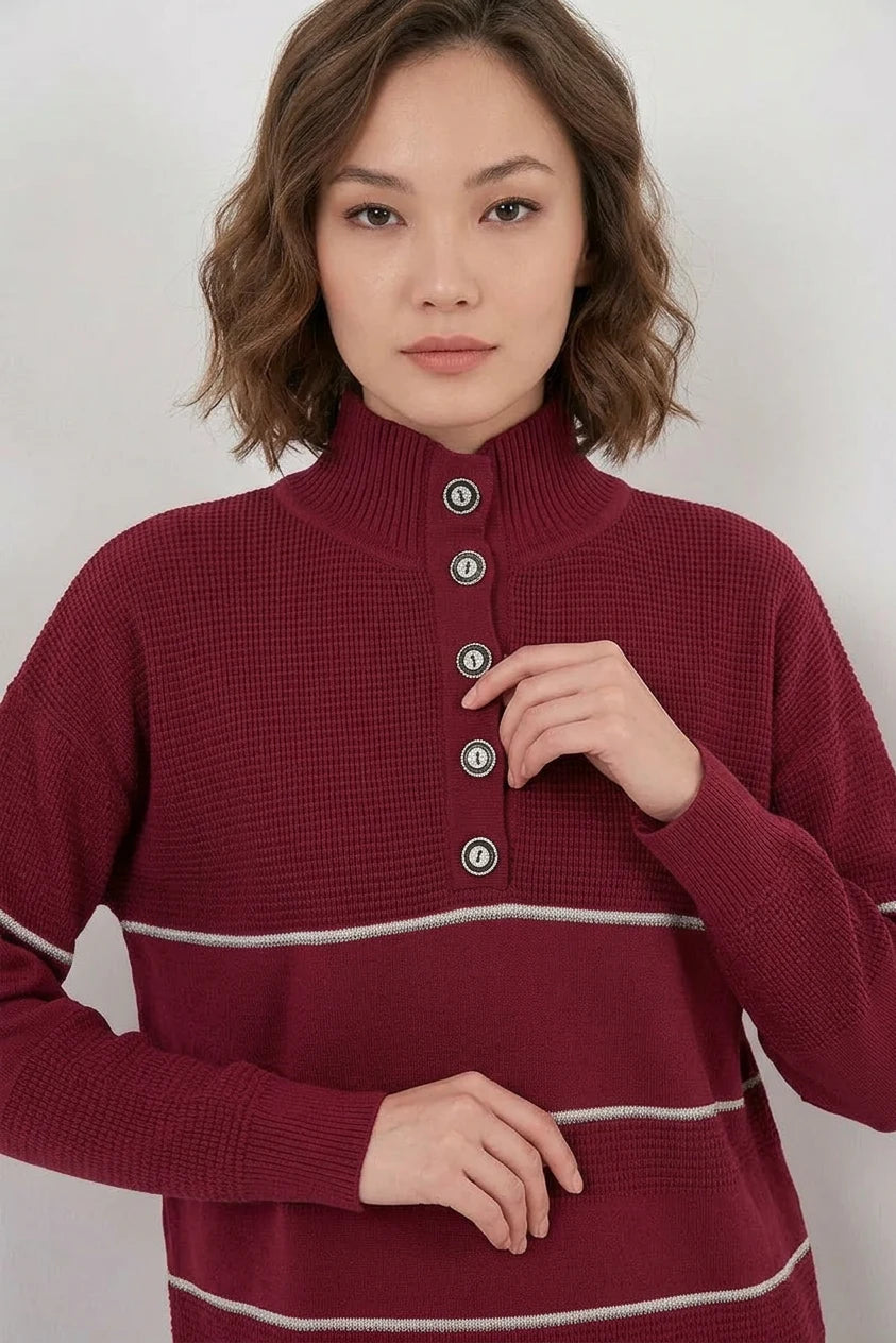 Kadın Yüksek Yaka Oversize Çizgili Triko Bordo İkili Takım