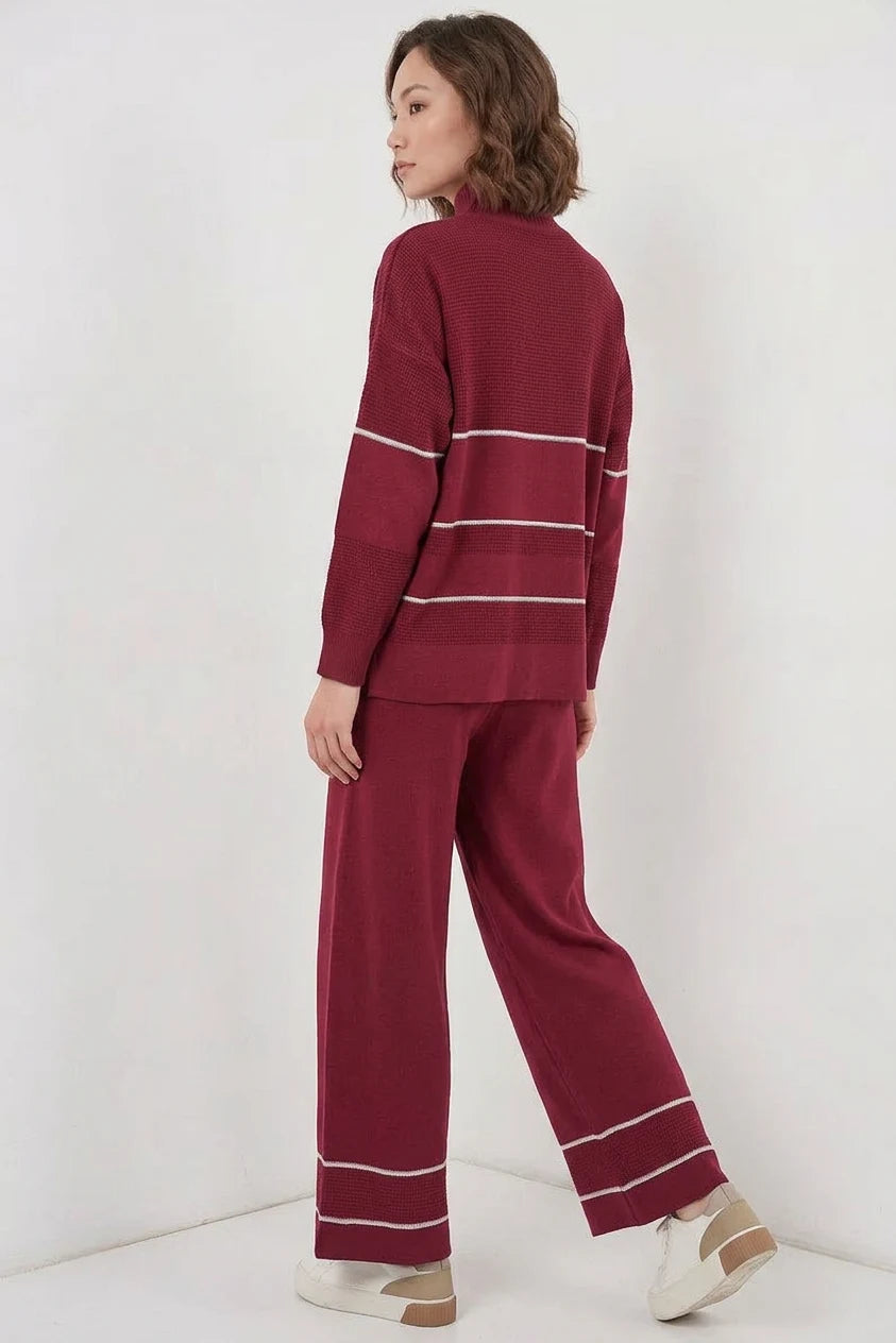 Kadın Yüksek Yaka Oversize Çizgili Triko Bordo İkili Takım