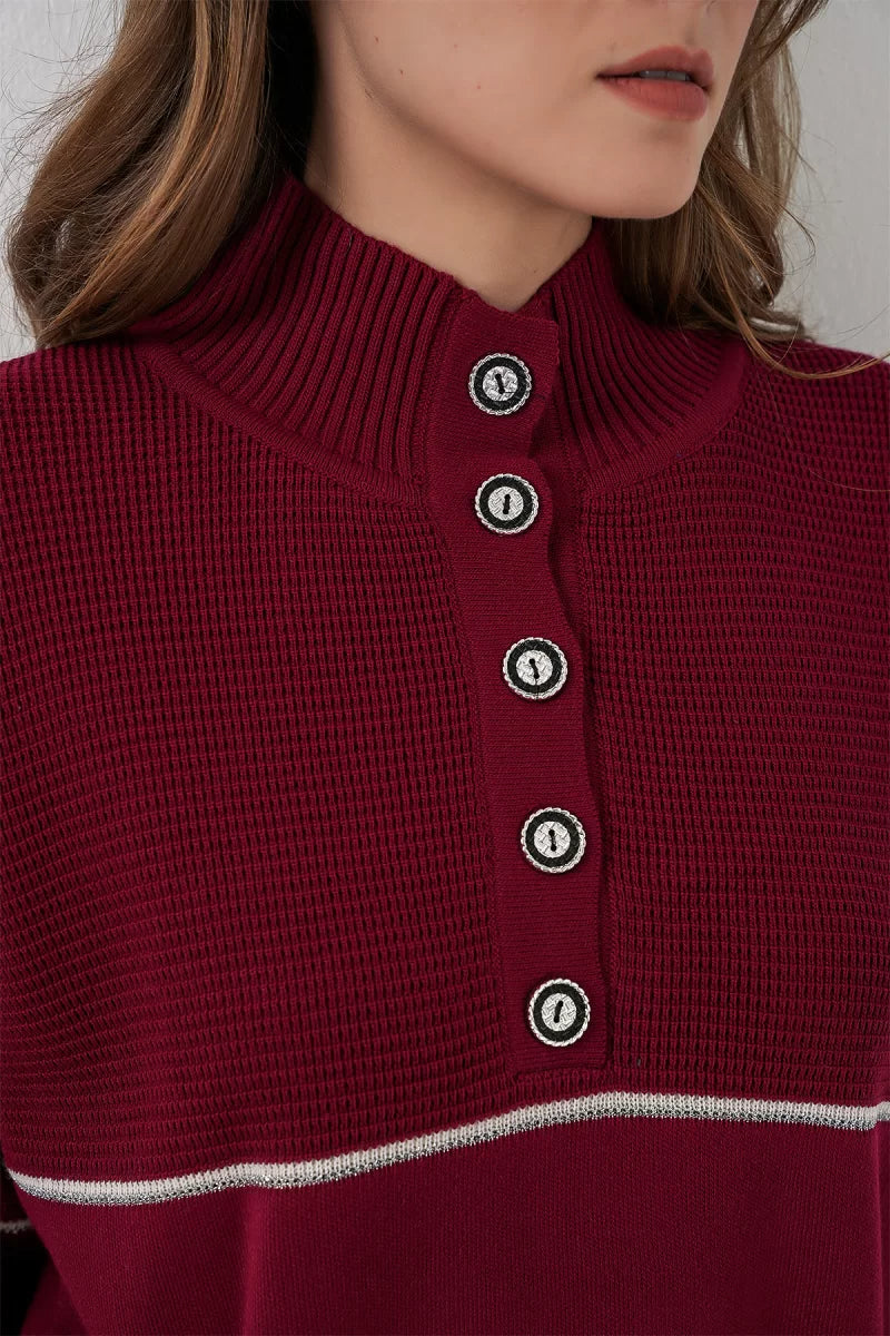 Kadın Yüksek Yaka Oversize Çizgili Triko Bordo İkili Takım