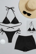 Kadın 3'lü Set Siyah Şortlu ve Yandan Bağlamalı Bikini Mayo Takımı