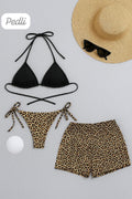 Kadın 3'lü Set Siyah ve Leopar Desenli Şortlu Yandan Bağlamalı Bikini Mayo Takımı