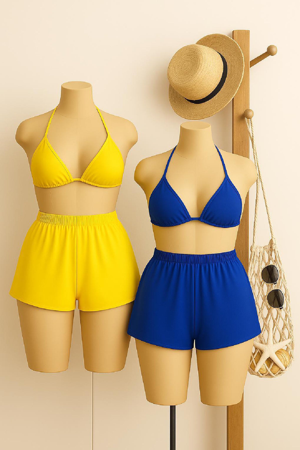 Kadın Sarı ve Mavi Şortlu Belden ve Boyundan Bağlamalı Bikini Takımı