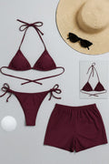 Kadın 3'lü Set Bordo Şortlu ve Yandan Bağlamalı Bikini Mayo Takımı