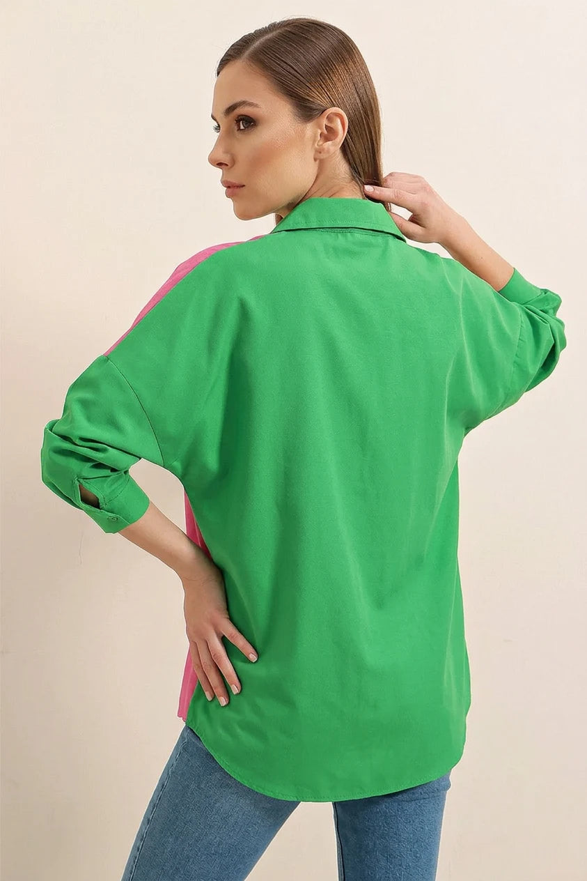 Kadın Blok Renkli Oversize Pamuklu Yeşil Gömlek