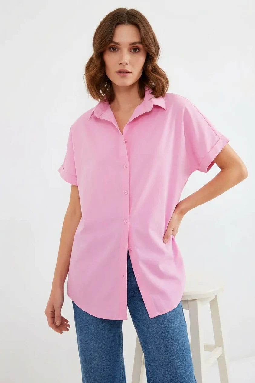 Kadın Kısa Kol Oversize Pamuklu Pembe Gömlek