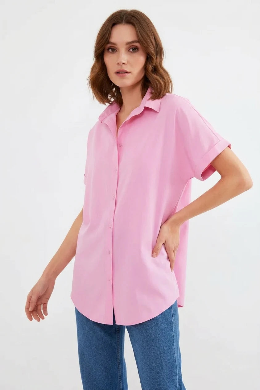Kadın Kısa Kol Oversize Pamuklu Pembe Gömlek