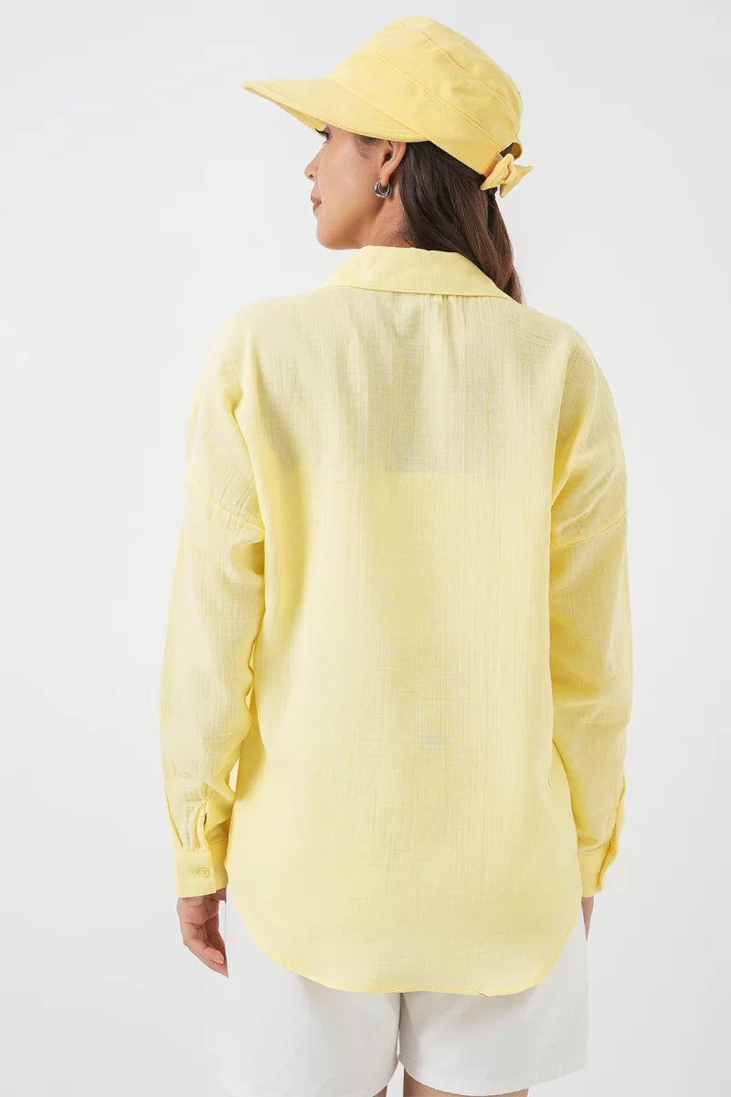 Kadın Tek Cepli Oversize Viskon Açık Sarı Gömlek