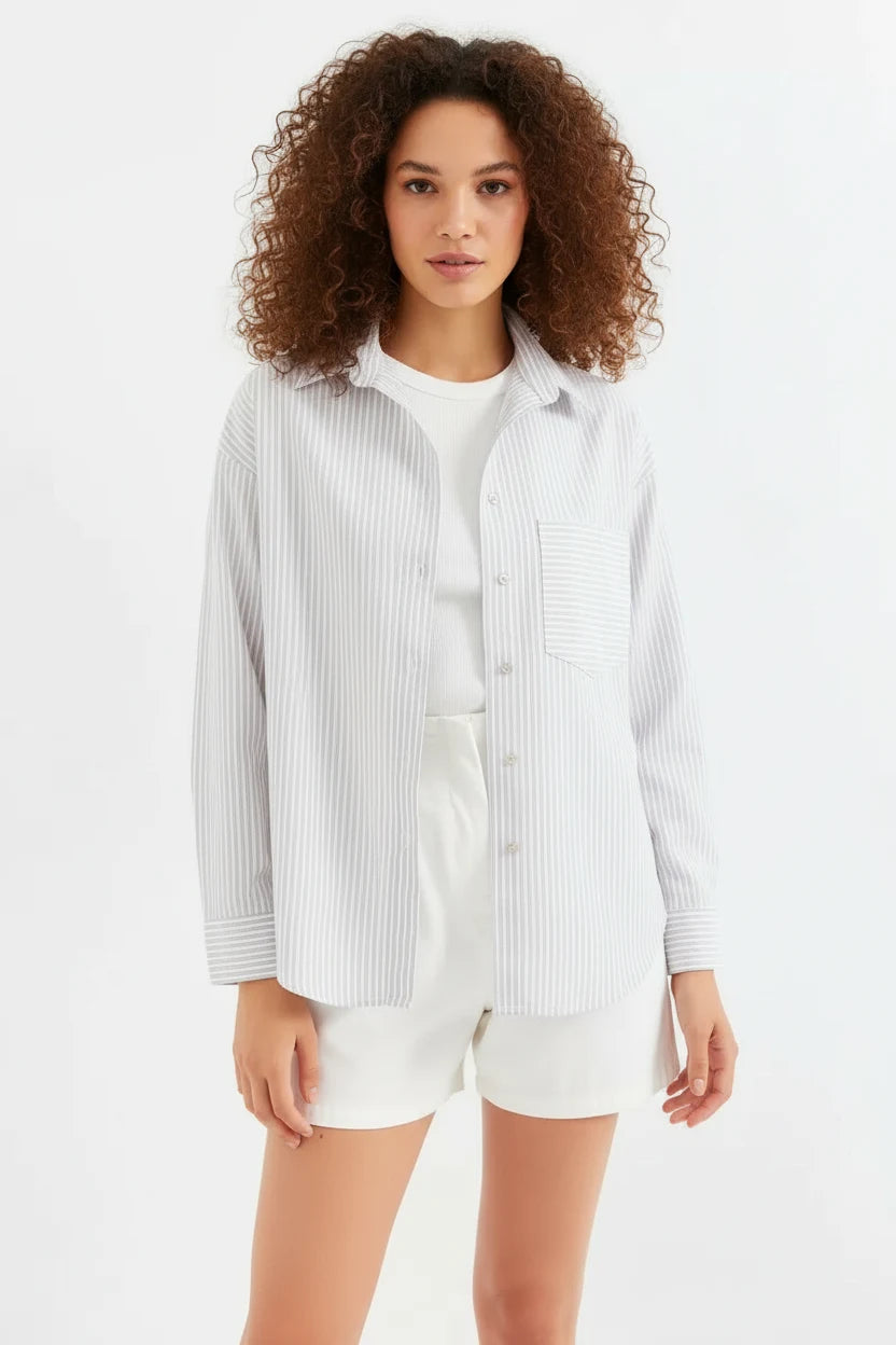 Kadın Oversize Tek Cepli Çizgili Pamuklu Bej Gömlek
