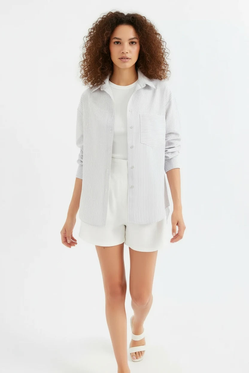 Kadın Oversize Tek Cepli Çizgili Pamuklu Bej Gömlek