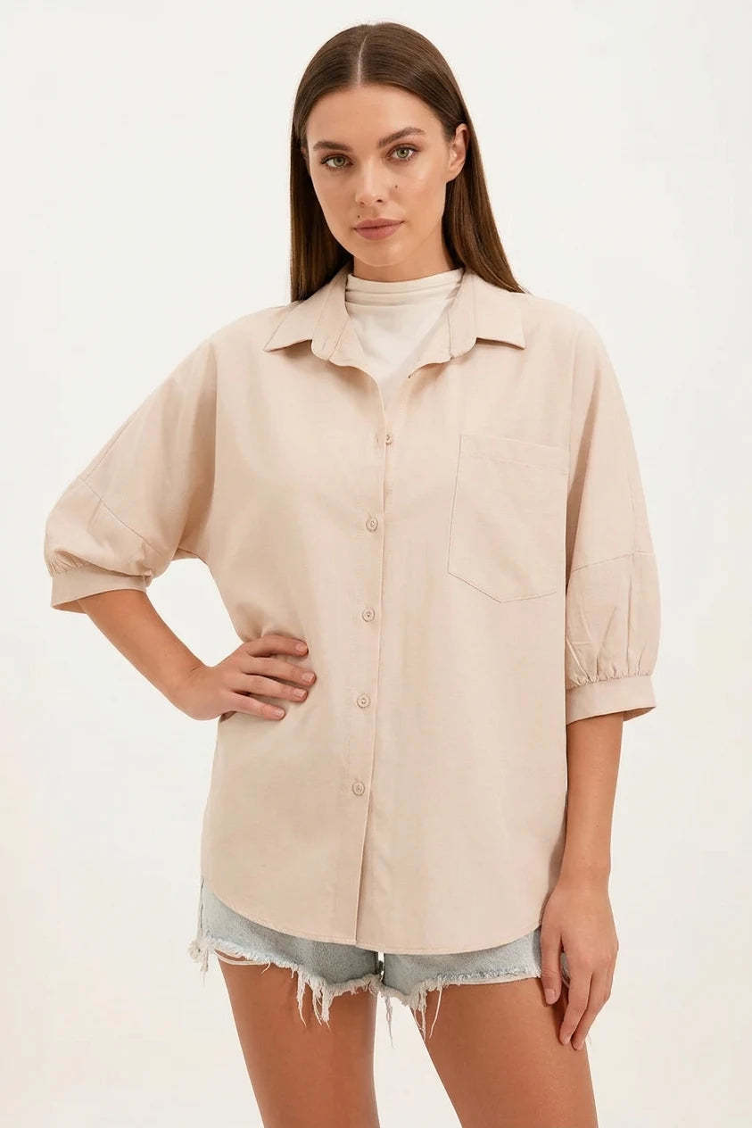 Kadın Kısa Kol Basic Oversize Pamuklu Krem Gömlek