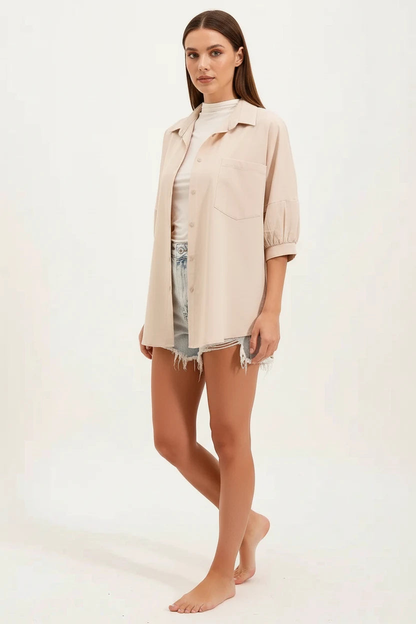 Kadın Kısa Kol Basic Oversize Pamuklu Krem Gömlek