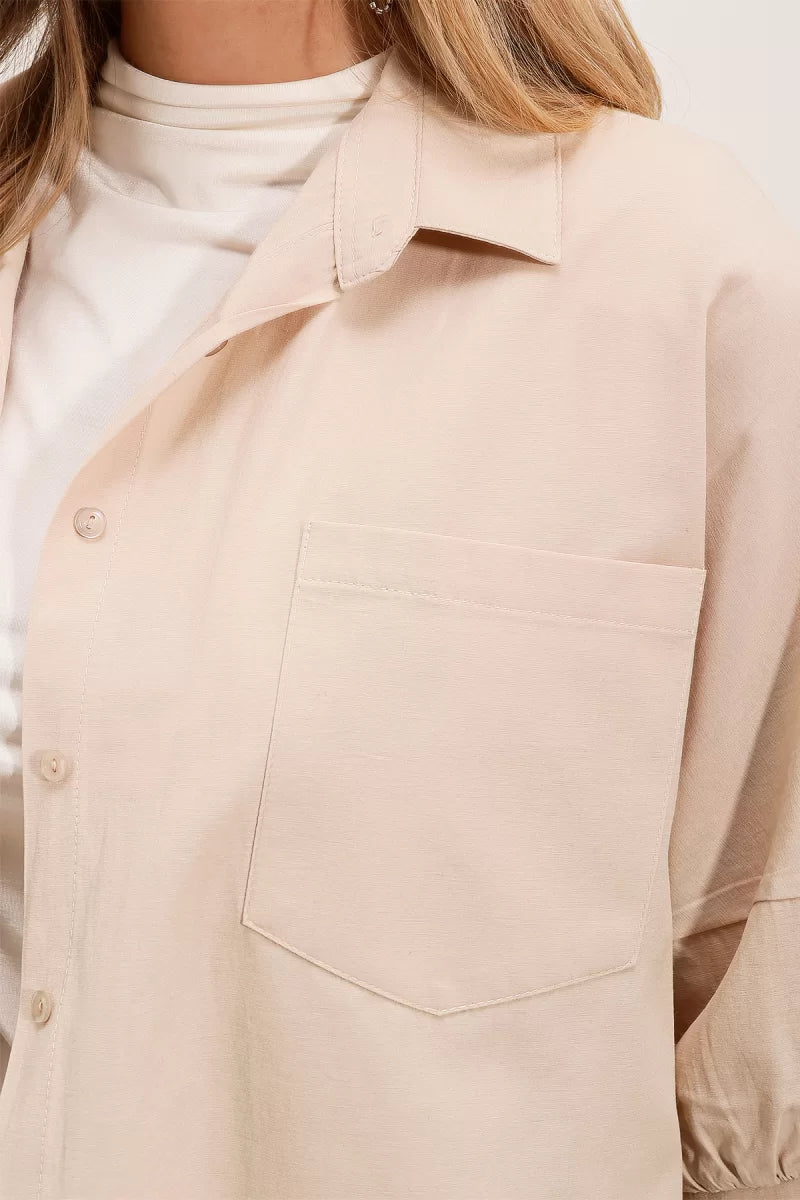 Kadın Kısa Kol Basic Oversize Pamuklu Krem Gömlek