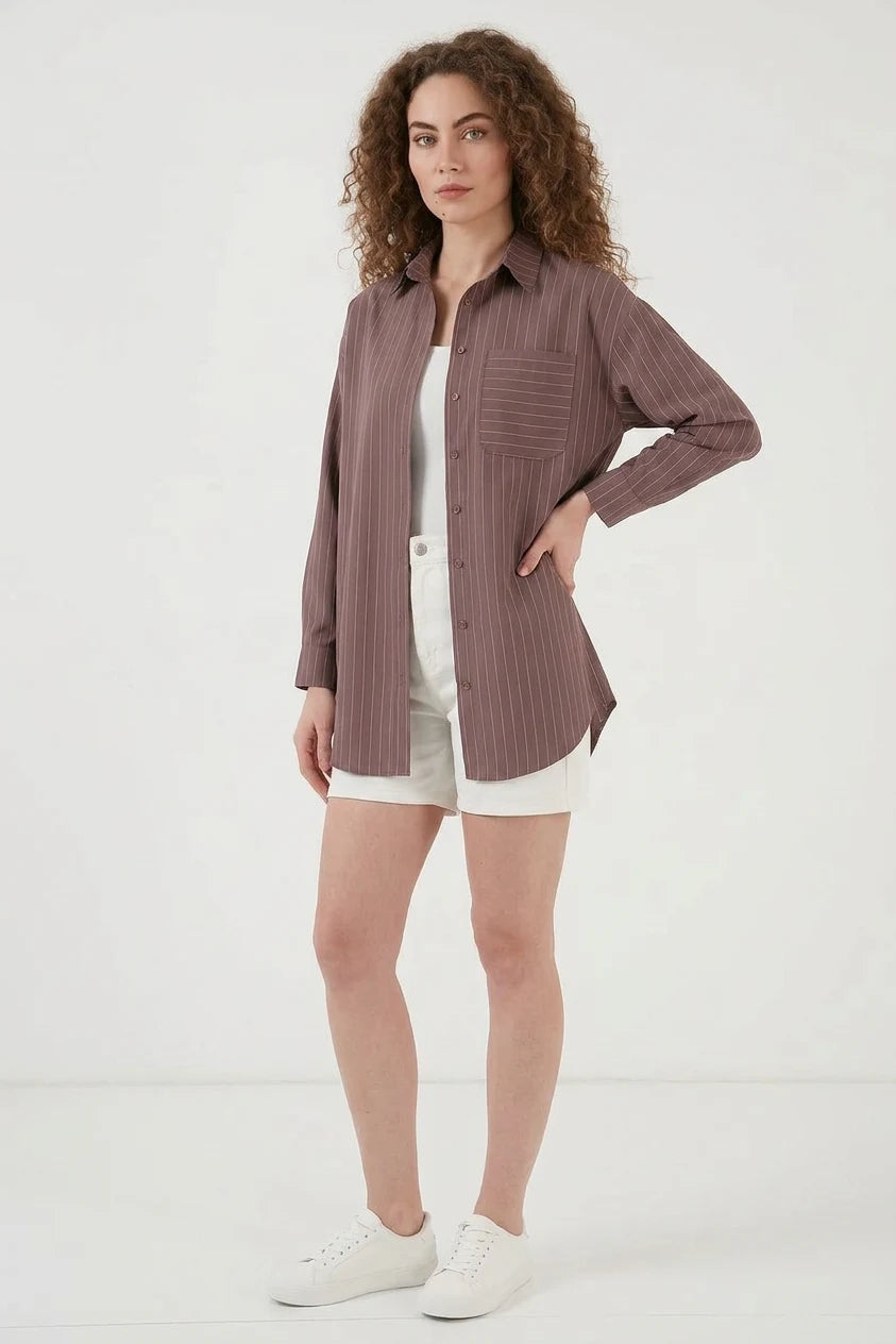 Kadın Oversize Çizgili Pamuklu Kahverengi Gömlek