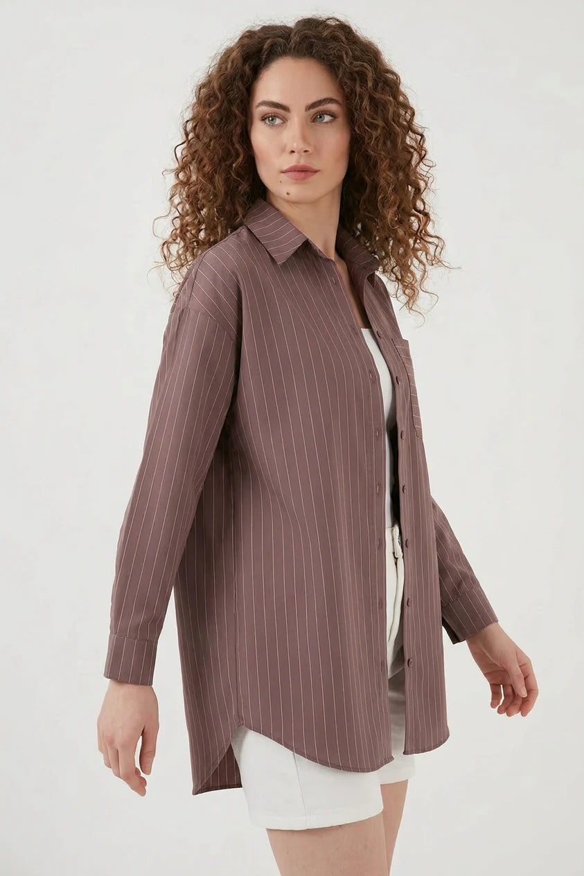 Kadın Oversize Çizgili Pamuklu Kahverengi Gömlek