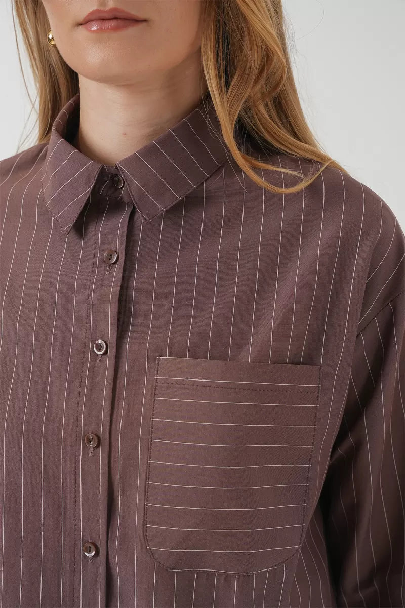 Kadın Oversize Çizgili Pamuklu Kahverengi Gömlek