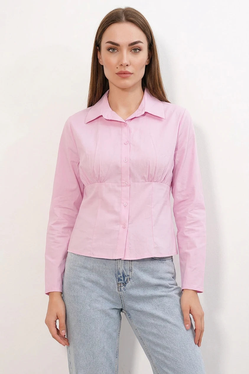 Kadın Belden Oturtmalı Pembe Gömlek