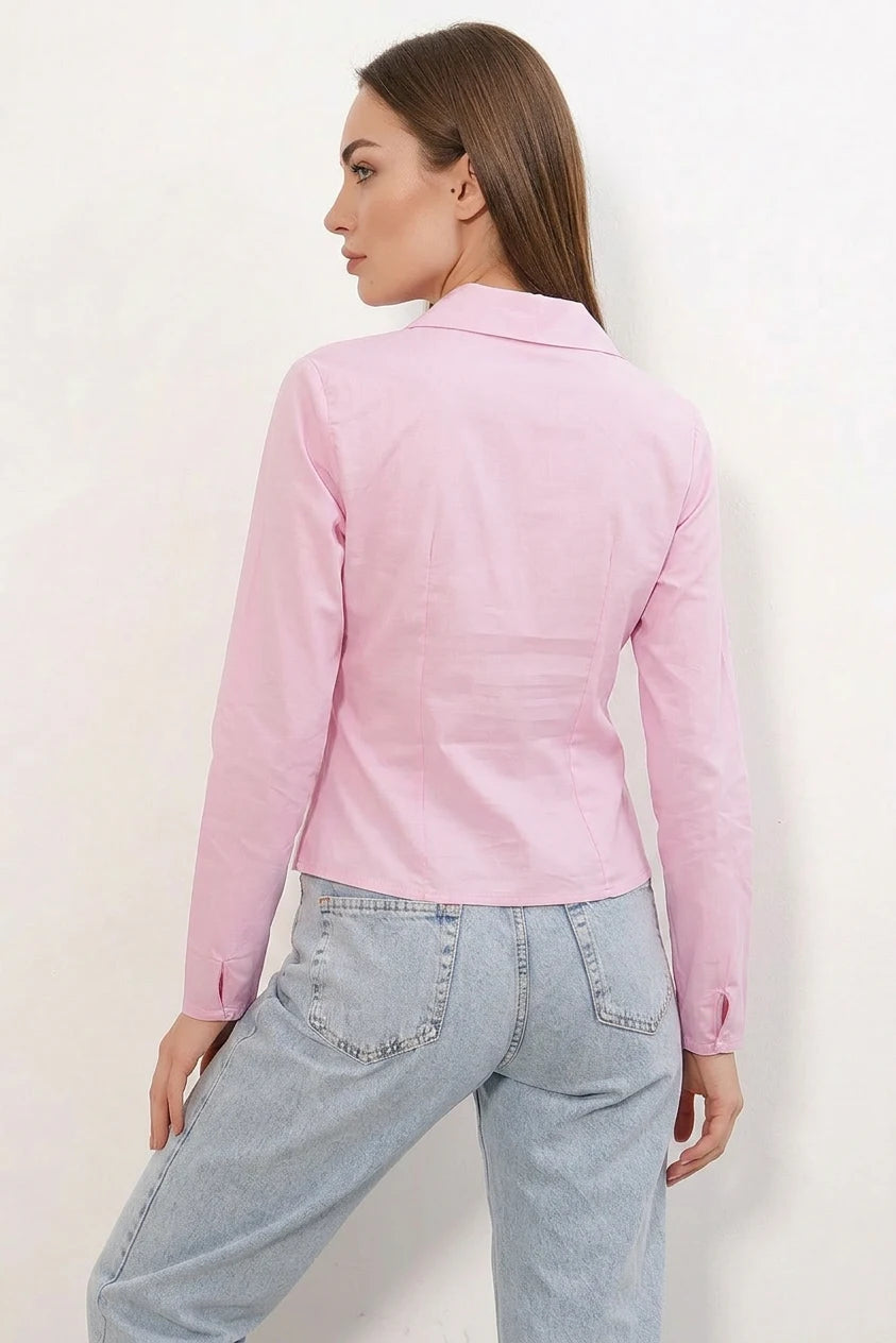 Kadın Belden Oturtmalı Pembe Gömlek