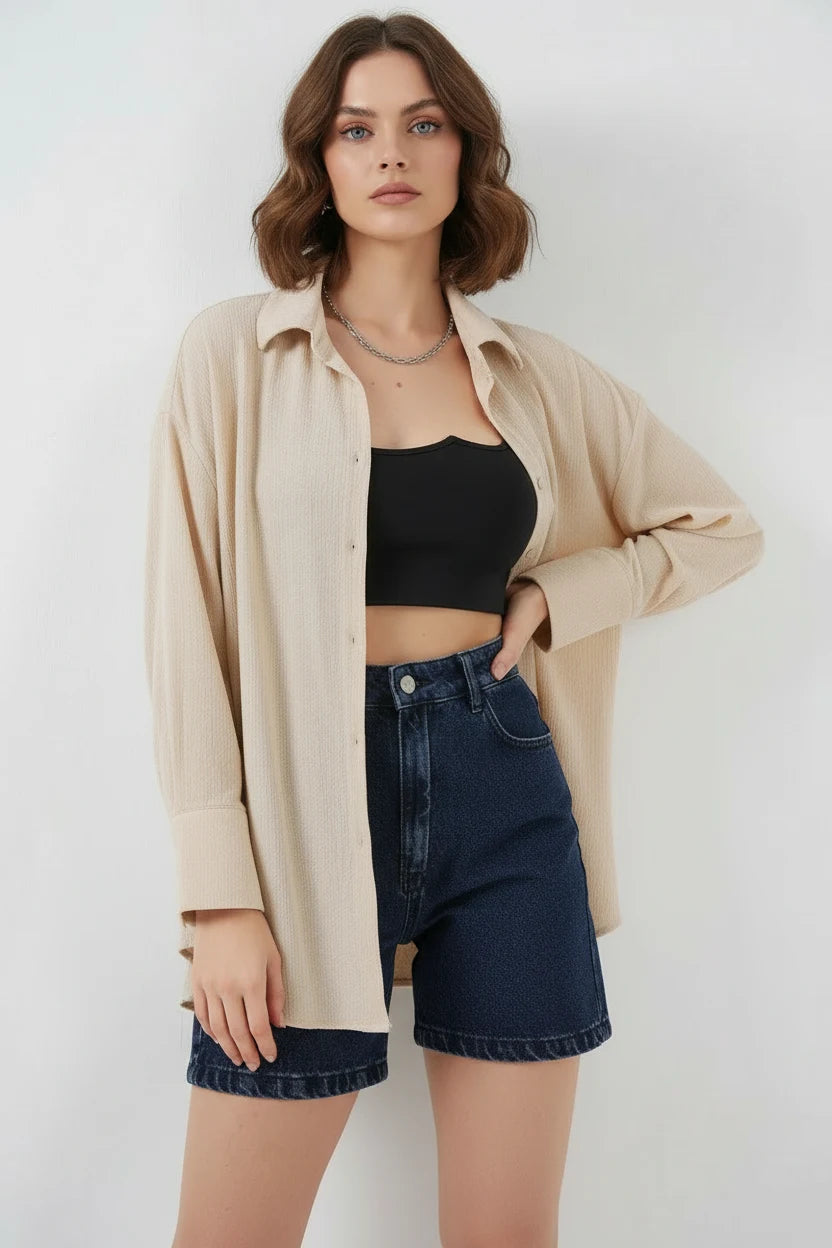 Kadın Oversize Kesim Bej Gömlek