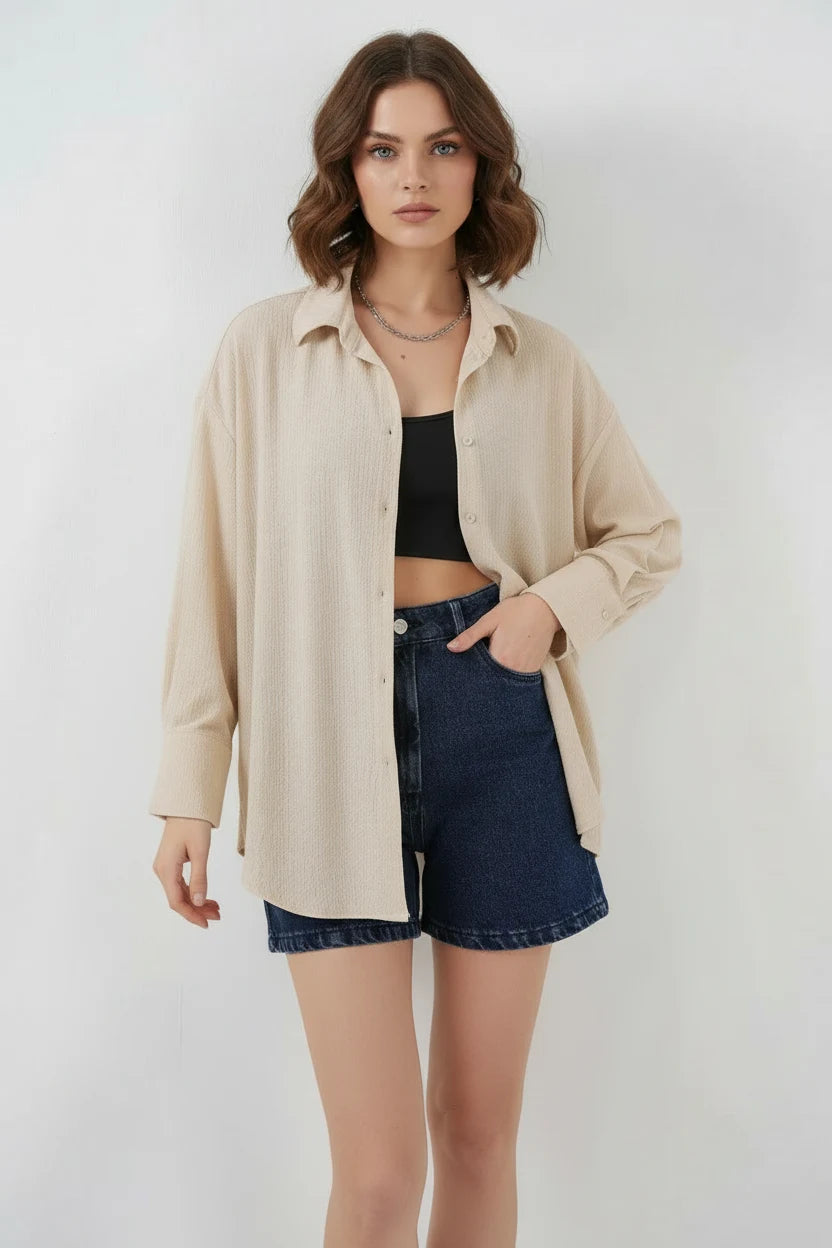 Kadın Oversize Kesim Bej Gömlek