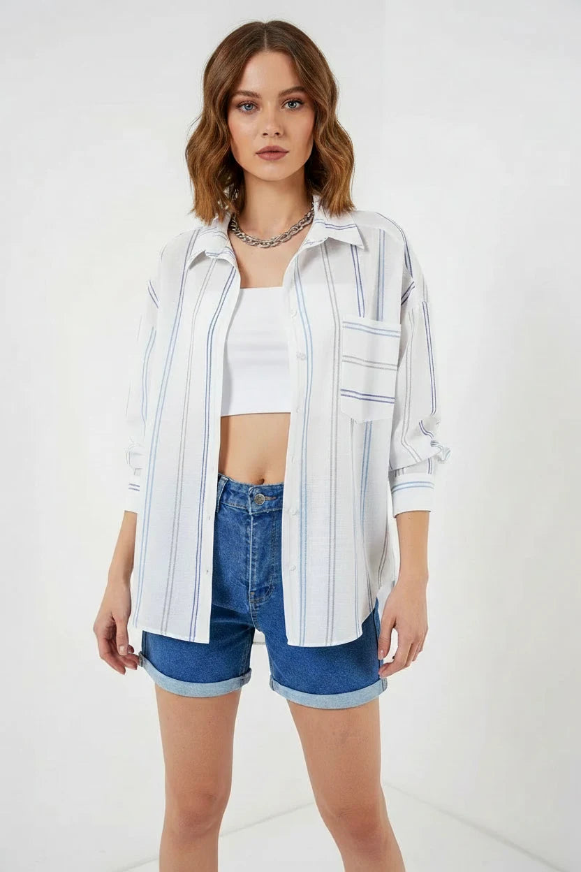 Kadın Oversize Çizgili Pamuklu Beyaz Gömlek