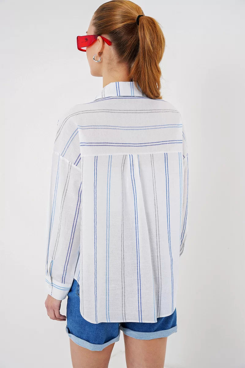 Kadın Oversize Çizgili Pamuklu Beyaz Gömlek