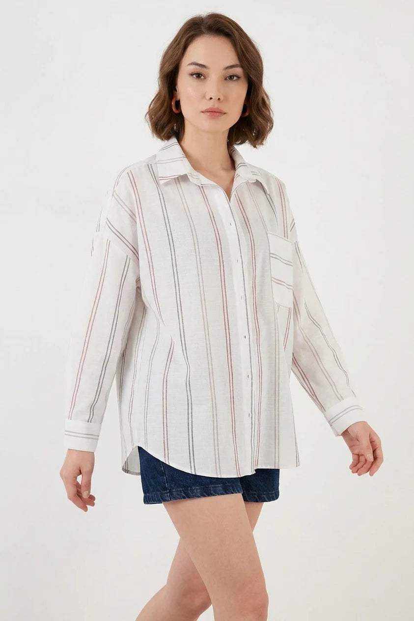 Kadın Oversize Çizgili Pamuklu B.Beyaz Gömlek