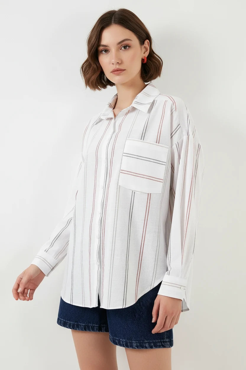 Kadın Oversize Çizgili Pamuklu B.Beyaz Gömlek