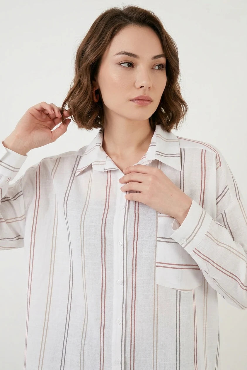 Kadın Oversize Çizgili Pamuklu B.Beyaz Gömlek