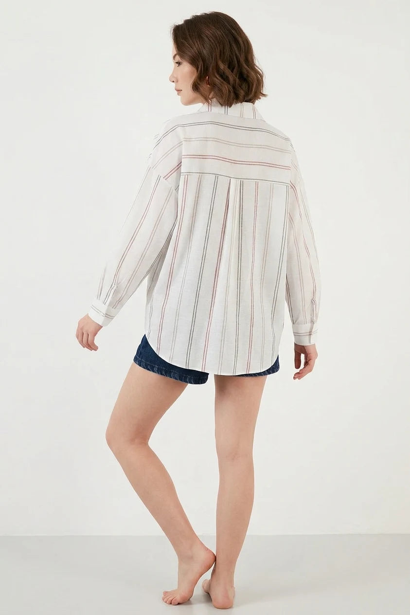 Kadın Oversize Çizgili Pamuklu B.Beyaz Gömlek