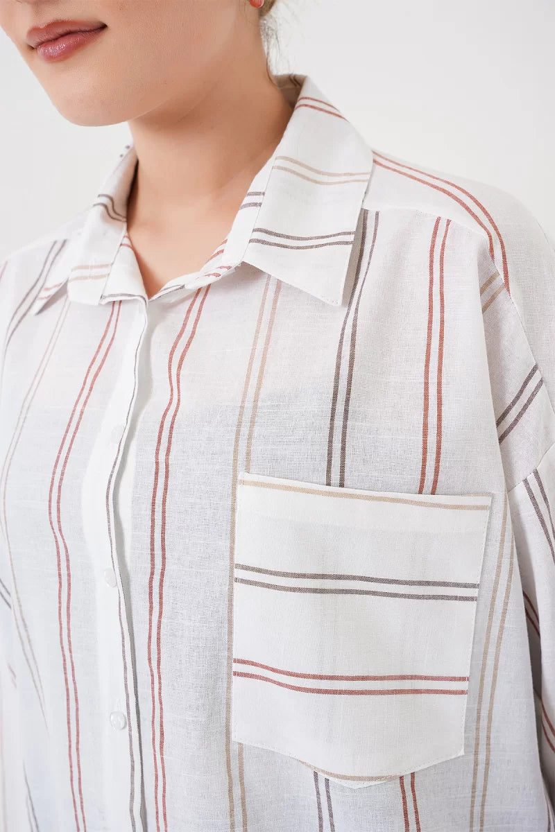 Kadın Oversize Çizgili Pamuklu B.Beyaz Gömlek