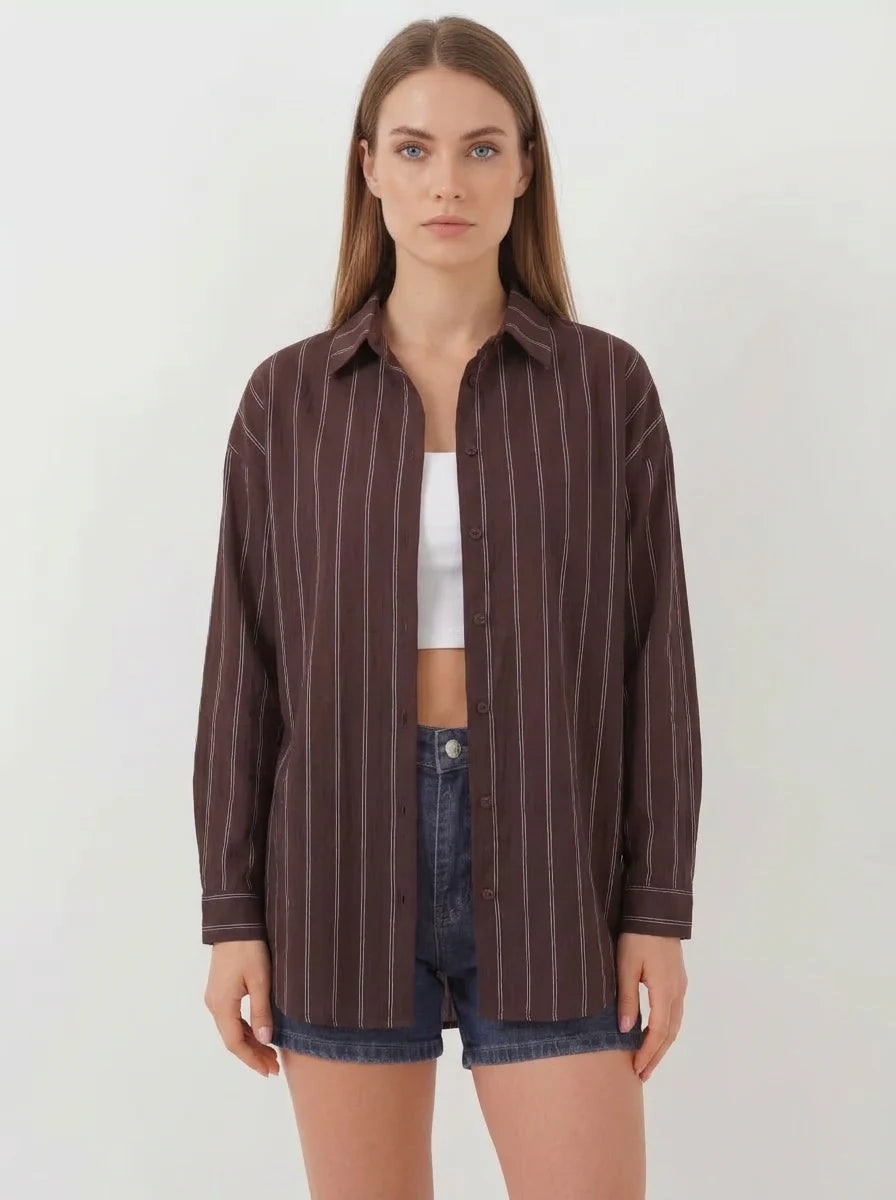 Kadın Oversize Çizgili Viskon Kahverengi Gömlek
