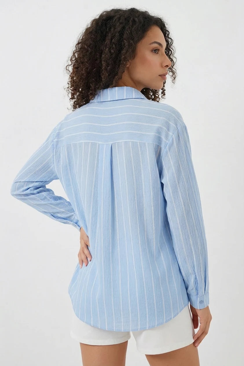 Kadın Oversize Çizgili Viskon Mavi Gömlek