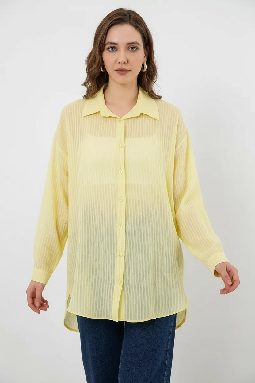 Kadın Oversize Dikey Çizgili Viskon Sarı Gömlek