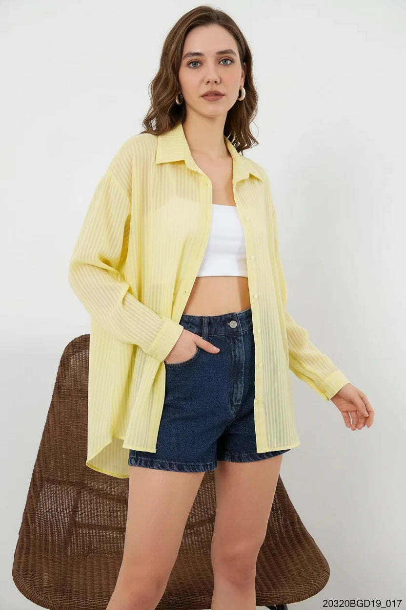 Kadın Oversize Dikey Çizgili Viskon Sarı Gömlek