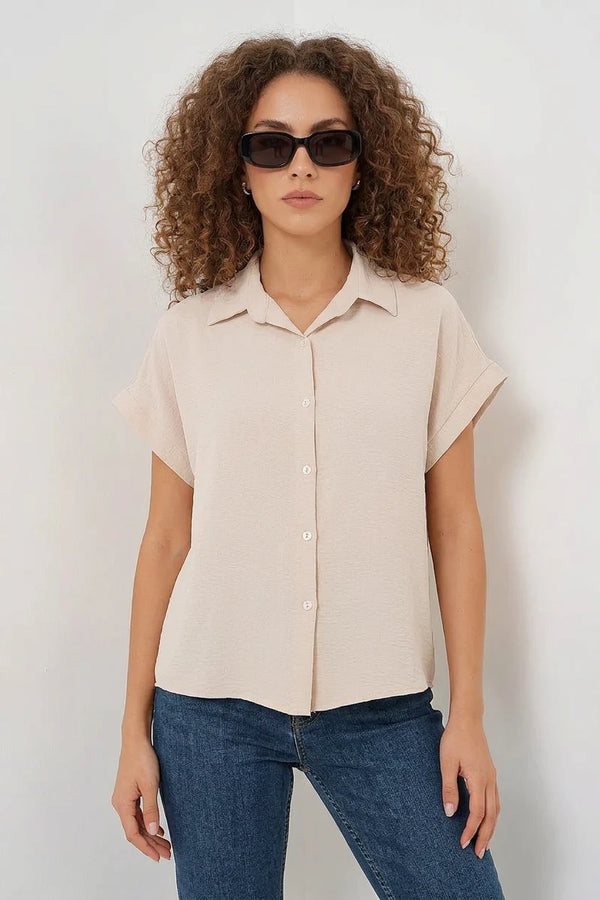 Kadın Kısa Kol Oversize Krem Gömlek