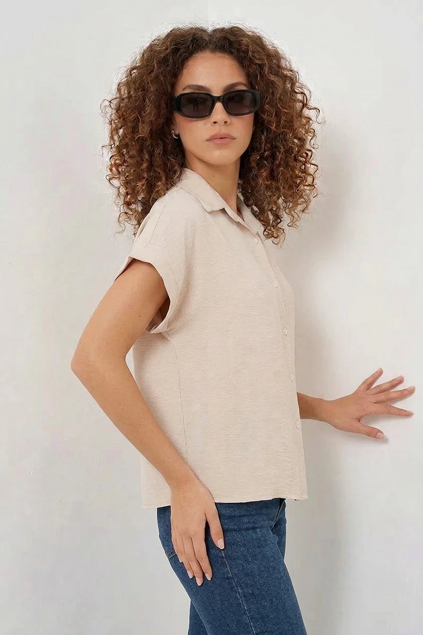 Kadın Kısa Kol Oversize Krem Gömlek