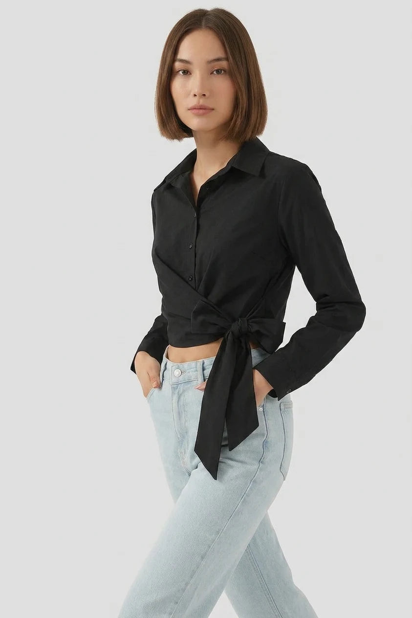 Kadın Bağlamalı Uzun Kol Pamuklu Siyah Gömlek